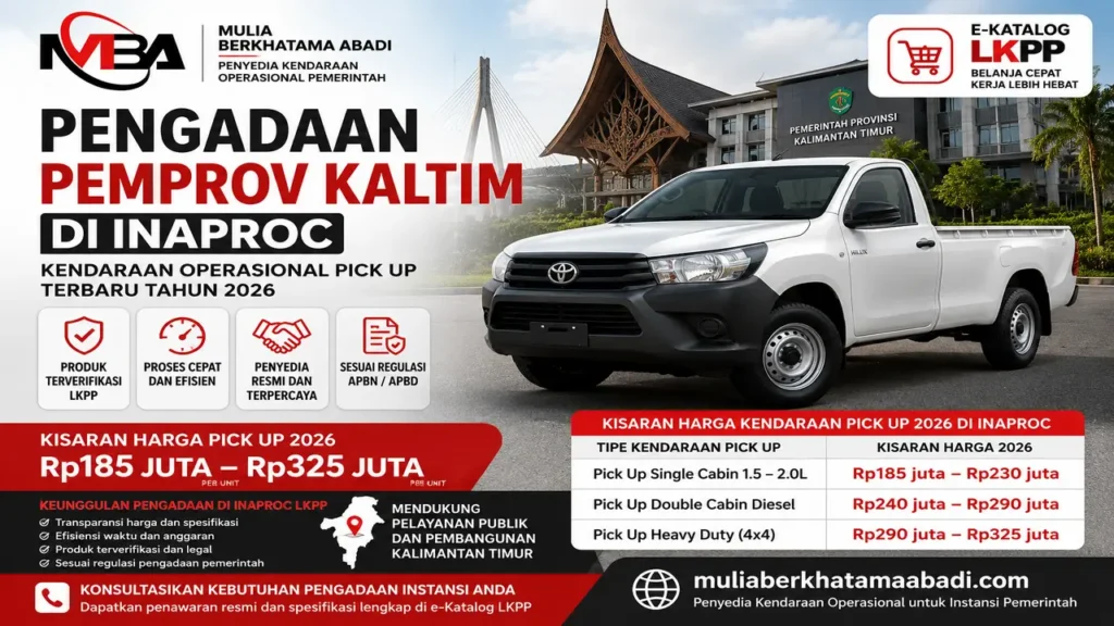 Pengadaan Pemprov Kaltim di Inaproc Kendaraan Operasional Pick Up Terbaru 2026 melalui e-Katalog LKPP dengan Harga Resmi dan Penyedia Terpercaya Mulia Berkhatama Abadi