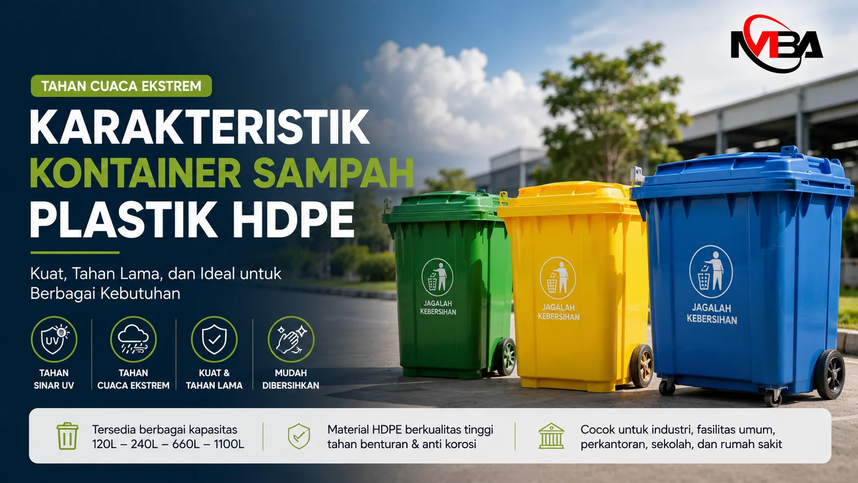 Kontainer sampah plastik HDPE yang tahan cuaca ekstrem untuk kebutuhan industri, fasilitas umum, dan pengelolaan sampah dengan daya tahan tinggi.