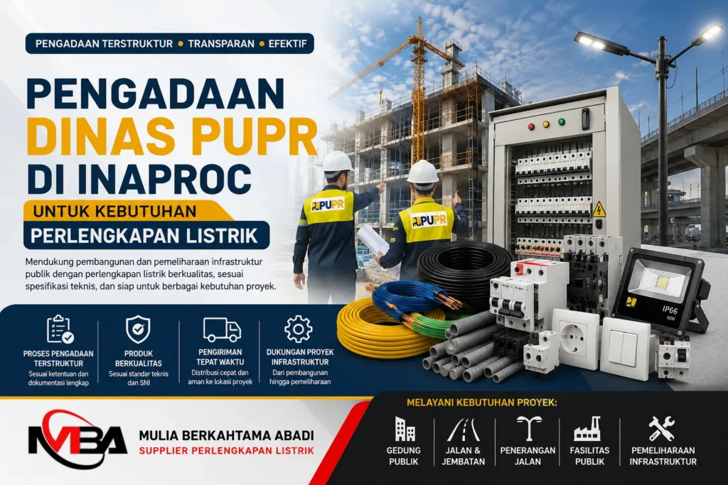 Pengadaan Dinas PUPR di Inaproc untuk kebutuhan perlengkapan listrik meliputi kabel listrik, panel distribusi, sistem penerangan, komponen instalasi kelistrikan, dan dukungan proyek infrastruktur bersama Mulia Berkahtama Abadi