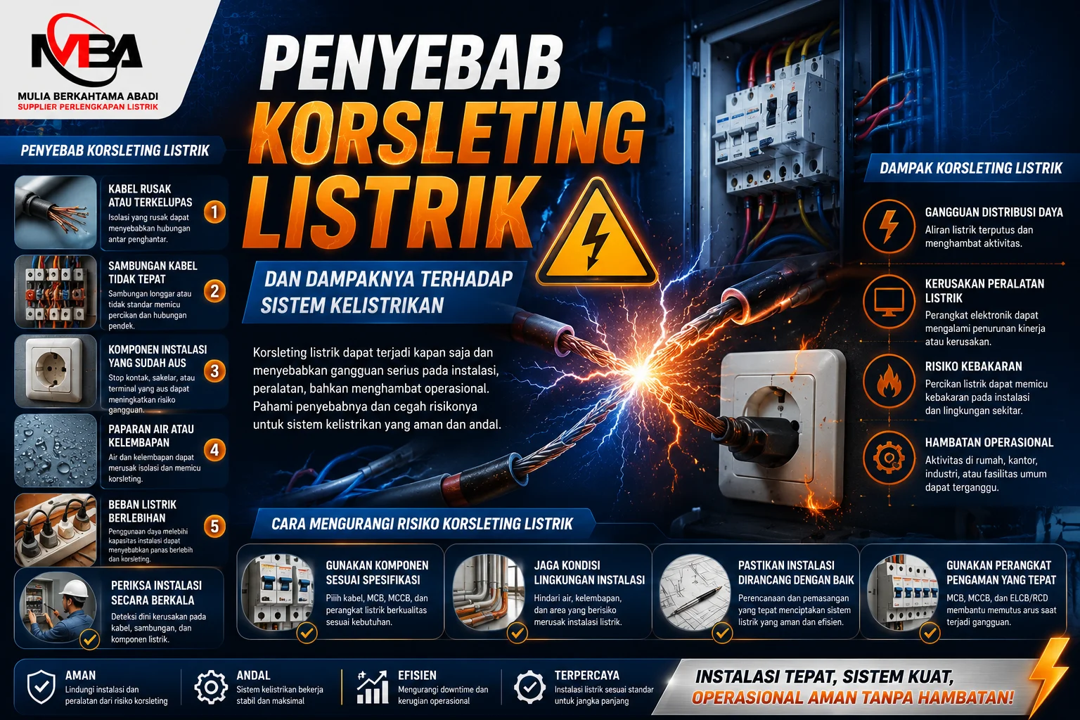Penyebab korsleting listrik dan dampaknya terhadap sistem kelistrikan, menampilkan instalasi listrik, panel distribusi, kabel listrik, perangkat pengaman, serta upaya pencegahan gangguan listrik bersama Mulia Berkahtama Abadi