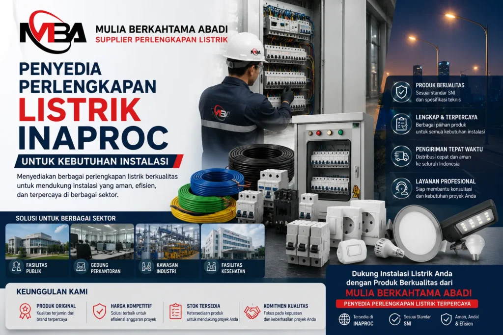 Penyedia Perlengkapan Listrik Inaproc untuk kebutuhan instalasi dengan produk kabel listrik, panel distribusi, lampu penerangan, komponen instalasi kelistrikan, dan layanan pengadaan terpercaya dari Mulia Berkahtama Abadi