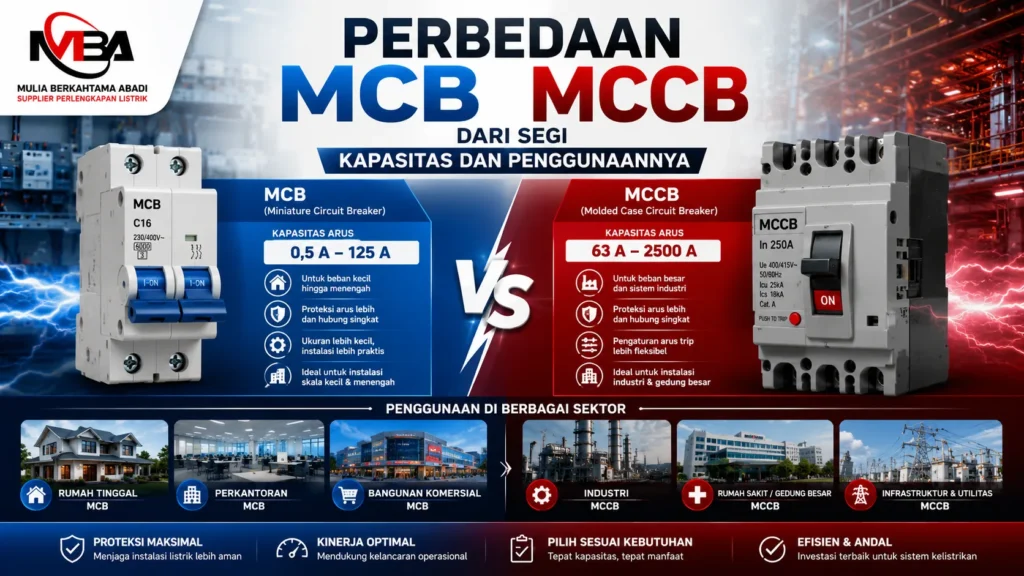 Perbedaan MCB dan MCCB dari segi kapasitas dan penggunaannya pada instalasi listrik, menampilkan perbandingan kapasitas arus, fungsi proteksi, aplikasi di rumah tinggal, perkantoran, industri, dan infrastruktur bersama Mulia Berkahtama Abadi