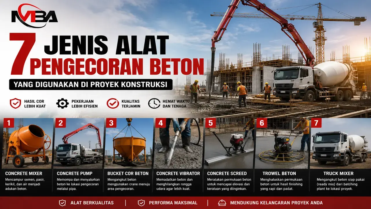 Alat pengecoran beton seperti concrete mixer, concrete pump, dan truck mixer yang digunakan pada proyek konstruksi.