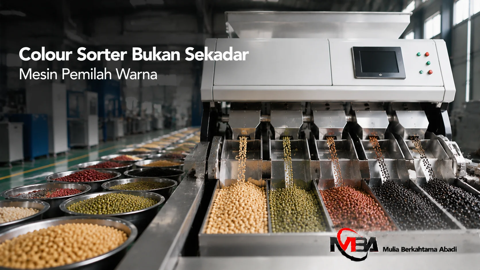 Mesin colour sorter otomatis untuk proses pemilahan produk pangan berdasarkan warna dan kualitas visual.