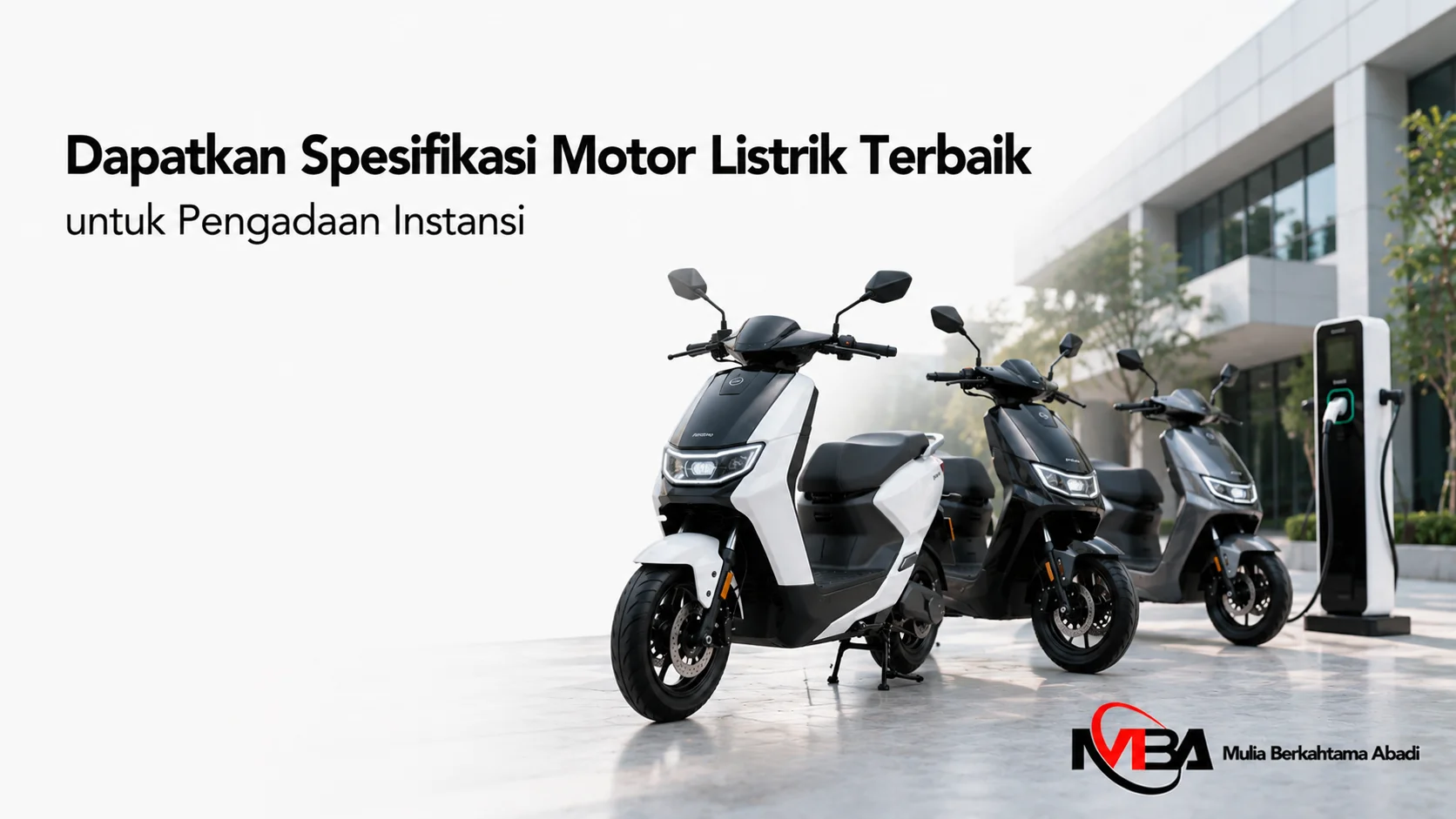 Motor listrik modern ditampilkan secara realistis sebagai solusi kendaraan operasional yang efisien untuk mendukung pengadaan instansi.