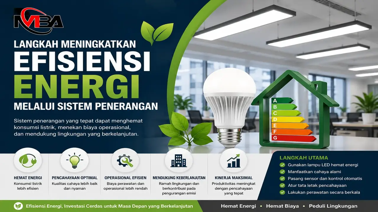 Efisiensi energi melalui sistem penerangan menggunakan lampu LED hemat energi pada gedung perkantoran modern.