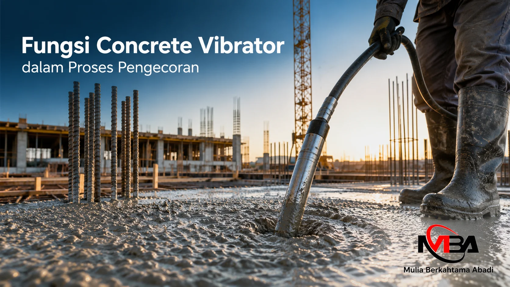 Concrete vibrator digunakan untuk memadatkan beton segar pada proses pengecoran di area konstruksi agar hasil lebih kuat dan merata.