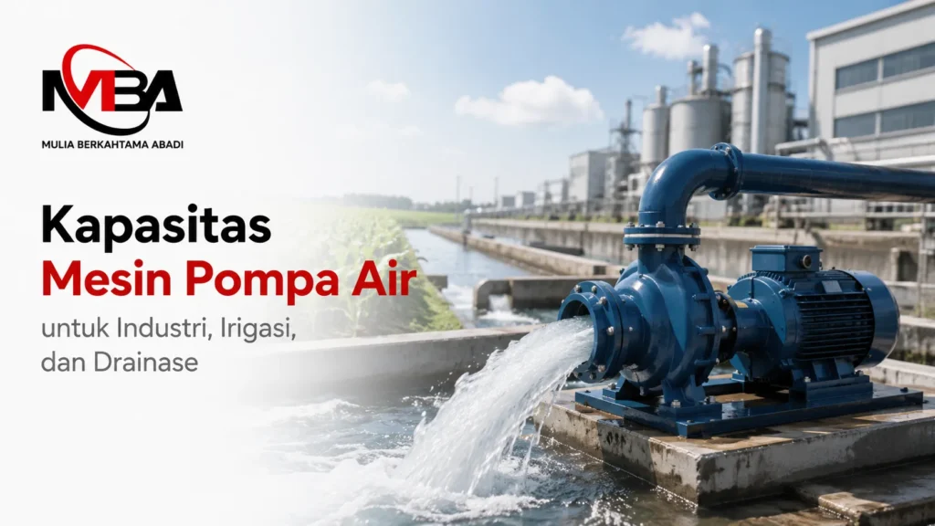 Unit mesin pompa air industri elektrik berwarna biru yang sedang mengalirkan air deras di area pengolahan air pabrik. Terdapat logo MBA Mulia Berkahtama Abadi serta teks Kapasitas Mesin Pompa Air untuk Industri, Irigasi, dan Drainase.