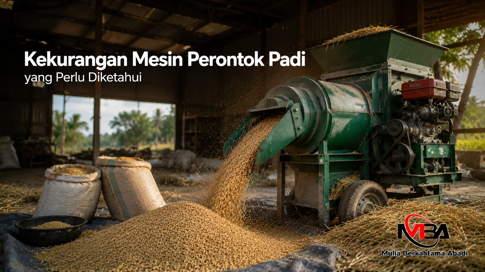 Mesin perontok padi dengan tumpukan gabah di area pascapanen sebagai ilustrasi kekurangan mesin perontok padi.