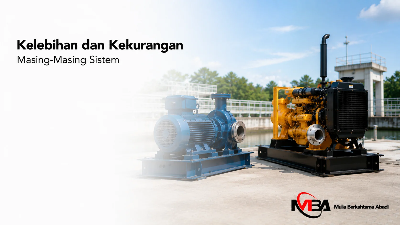 Pompa air diesel dan pompa air elektrik industri ditampilkan secara realistis sebagai ilustrasi perbandingan kelebihan dan kekurangan sistem pompa untuk berbagai kebutuhan proyek.