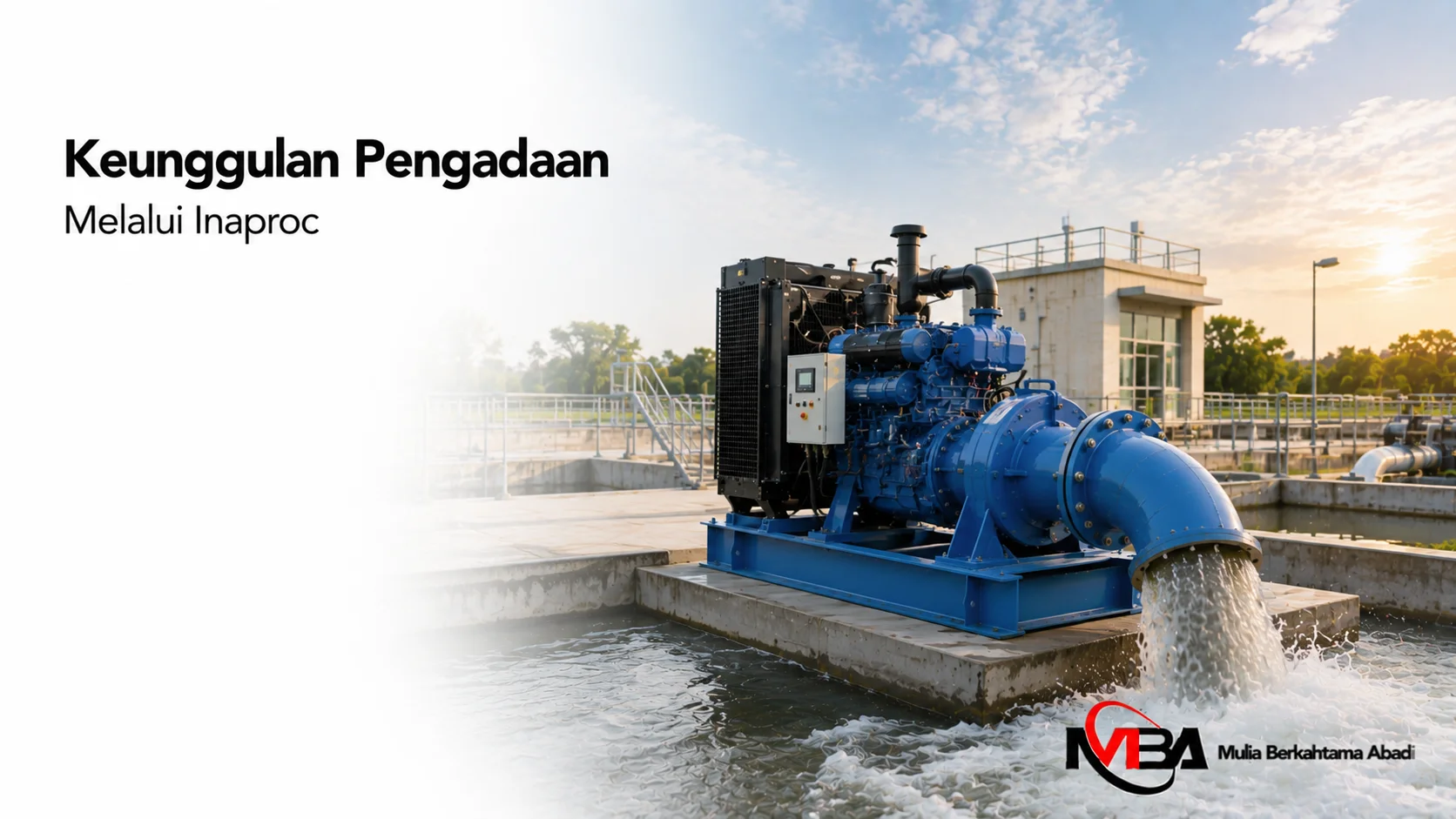Mesin pompa air industri berkapasitas besar ditampilkan secara realistis sebagai ilustrasi keunggulan pengadaan melalui INAPROC untuk proyek infrastruktur.
