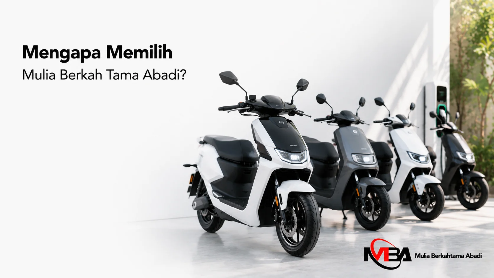 Deretan motor listrik modern ditampilkan secara realistis sebagai ilustrasi penyedia kendaraan listrik berkualitas untuk kebutuhan pengadaan instansi.