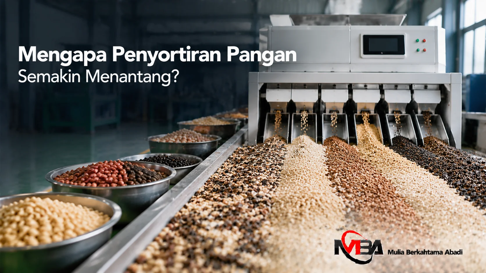 Mesin colour sorter otomatis untuk meningkatkan ketepatan penyortiran produk pangan.