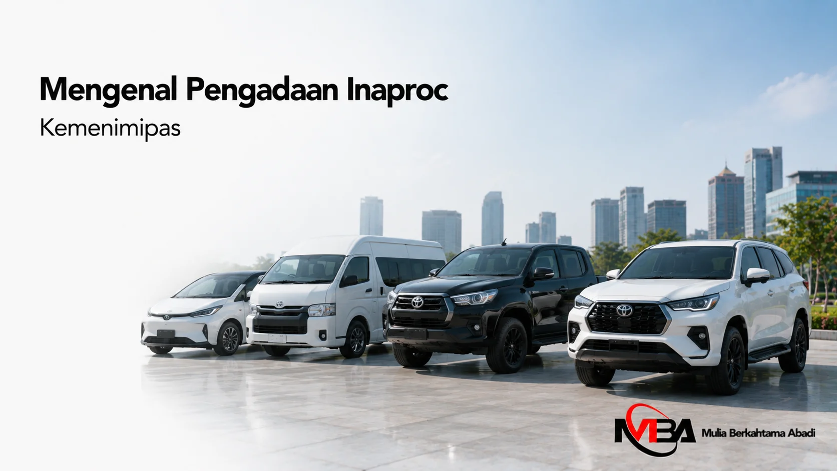 Deretan kendaraan operasional ditampilkan secara realistis sebagai ilustrasi pengadaan kendaraan melalui INAPROC Kemenimipas untuk mendukung kebutuhan instansi pemerintah.