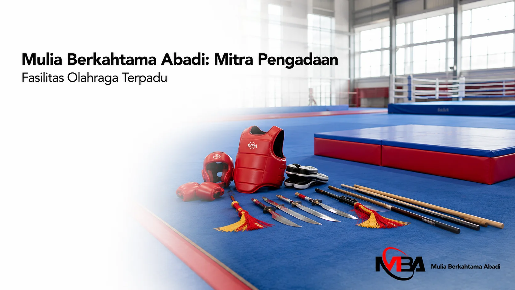 Peralatan wushu berstandar kompetisi ditampilkan secara realistis sebagai ilustrasi layanan pengadaan fasilitas olahraga terpadu untuk instansi pemerintah.