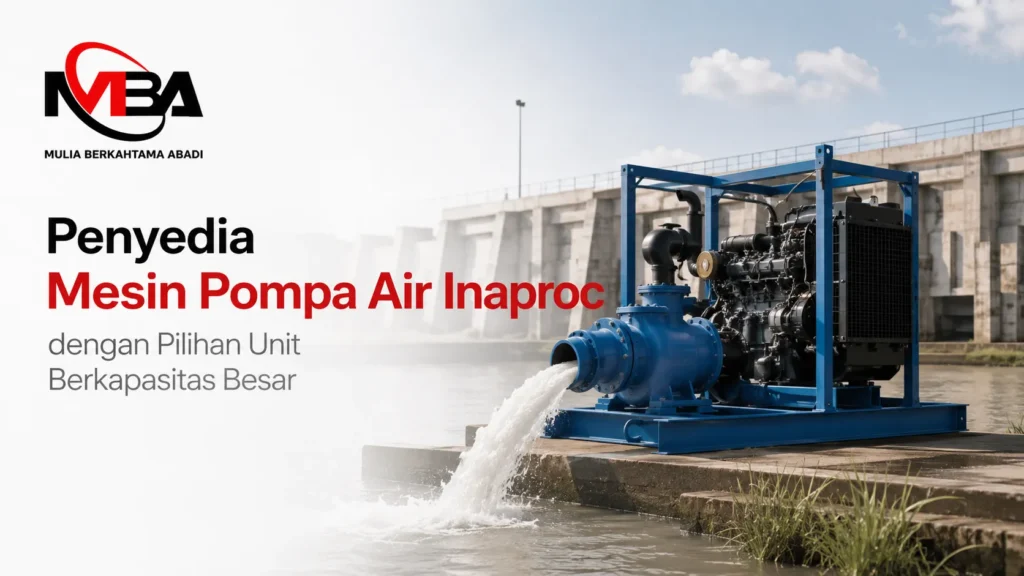 Unit mesin pompa air diesel industri berukuran besar warna biru yang sedang mengalirkan air deras di tepi bendungan atau saluran irigasi. Terdapat logo Mulia Berkahtama Abadi serta teks Penyedia Mesin Pompa Air Inaproc dengan Pilihan Unit Berkapasitas Besar.
