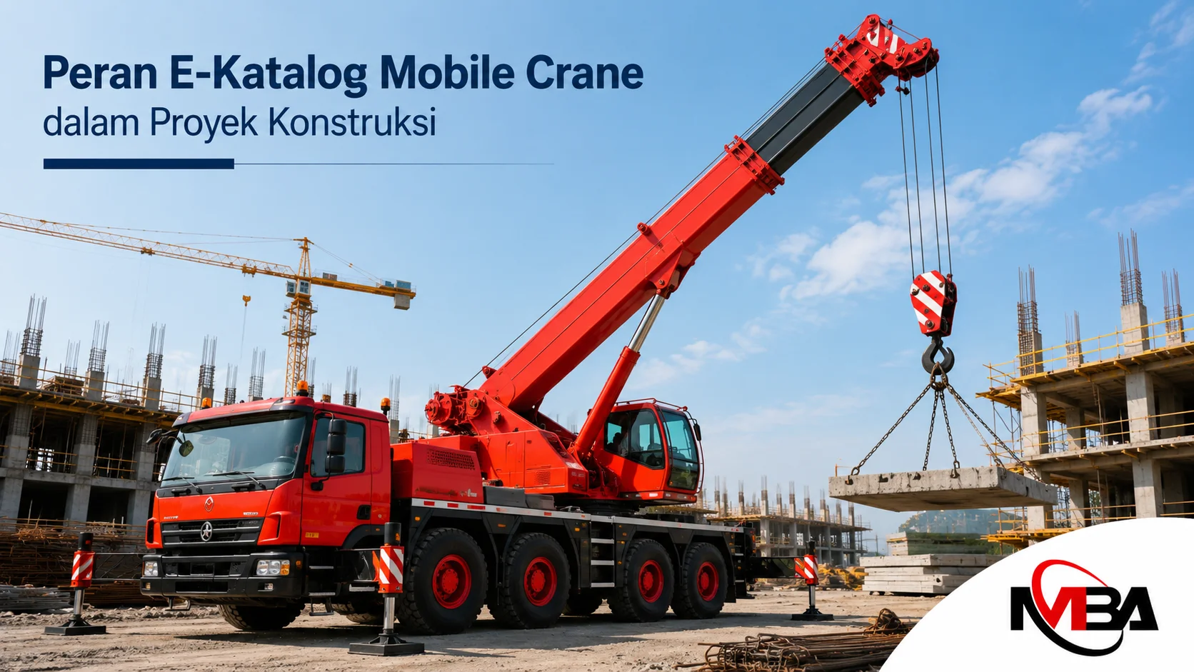 Mobile crane merah di proyek konstruksi sebagai ilustrasi peran E-Katalog Mobile Crane dalam mendukung pengadaan alat berat untuk proyek konstruksi.