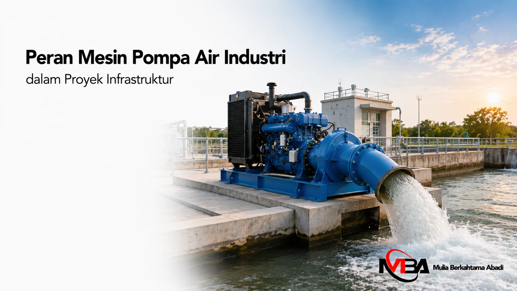 Mesin pompa air industri berkapasitas besar ditampilkan secara realistis sebagai ilustrasi pendukung proyek infrastruktur dan sistem distribusi air.