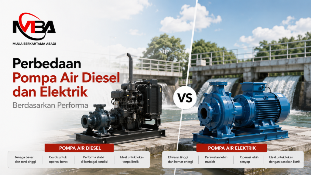 Infografis perbandingan pompa air diesel hitam di sisi kiri dan pompa air elektrik biru di sisi kanan dengan latar bendungan. Poin pompa diesel: tenaga besar, cocok untuk operasi berat, performa stabil, ideal tanpa listrik. Poin pompa elektrik: efisiensi tinggi, perawatan mudah, operasi senyap, ideal dengan pasokan listrik. Terdapat logo Mulia Berkahtama Abadi serta teks Perbedaan Pompa Air Diesel dan Elektrik Berdasarkan Performa.