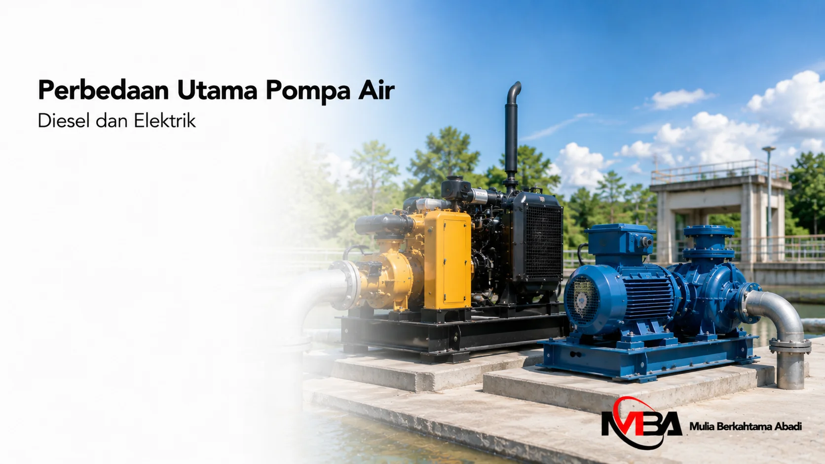 Pompa air diesel dan pompa air elektrik industri ditampilkan secara realistis sebagai ilustrasi perbedaan sistem dan performa untuk berbagai kebutuhan proyek.