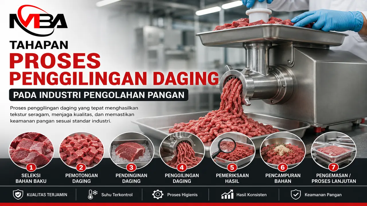 Proses penggilingan daging menggunakan meat grinder pada industri pengolahan pangan untuk menghasilkan tekstur yang seragam.