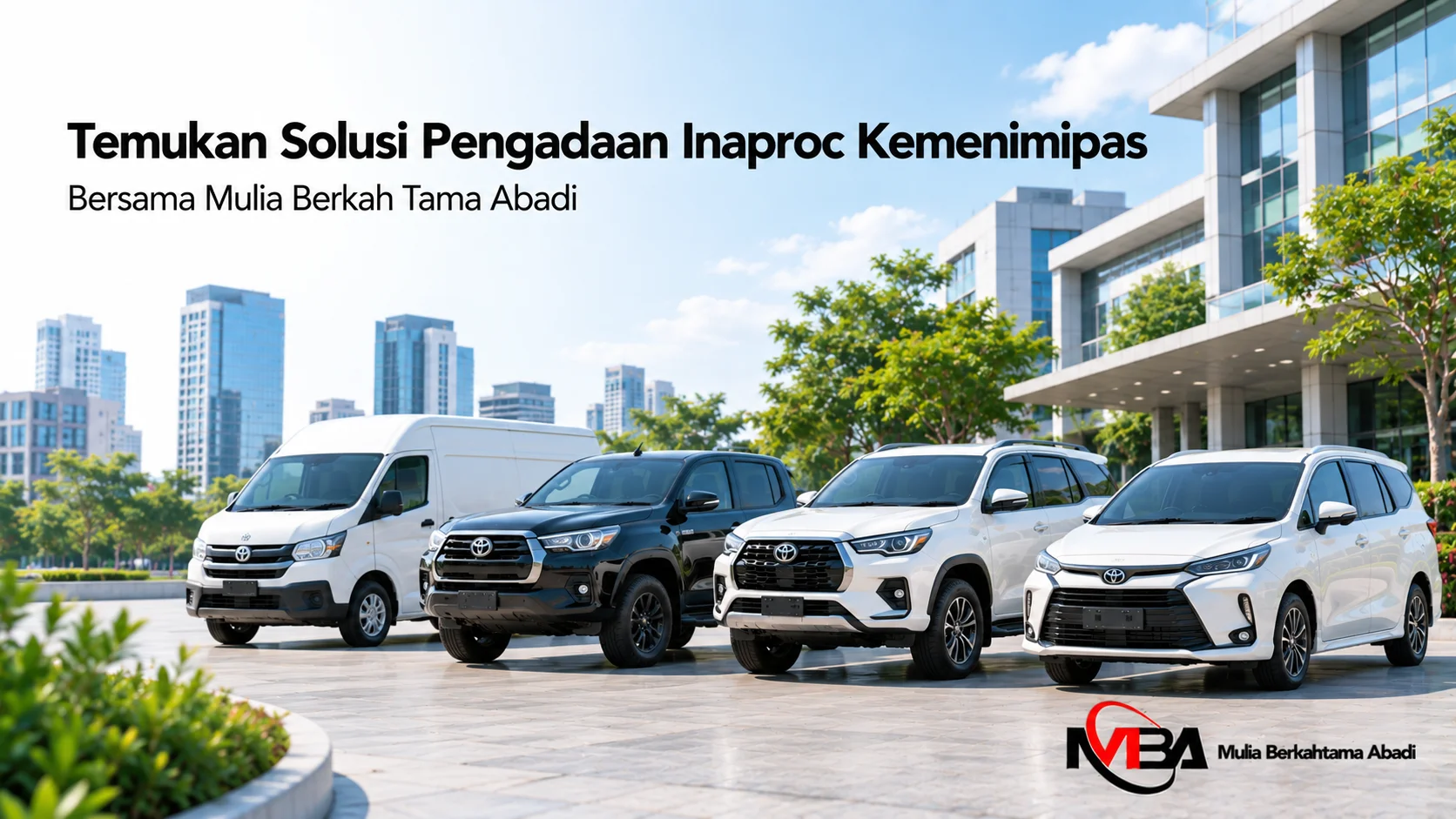Deretan kendaraan operasional modern ditampilkan secara realistis sebagai ilustrasi solusi pengadaan kendaraan melalui INAPROC untuk kebutuhan instansi pemerintah.