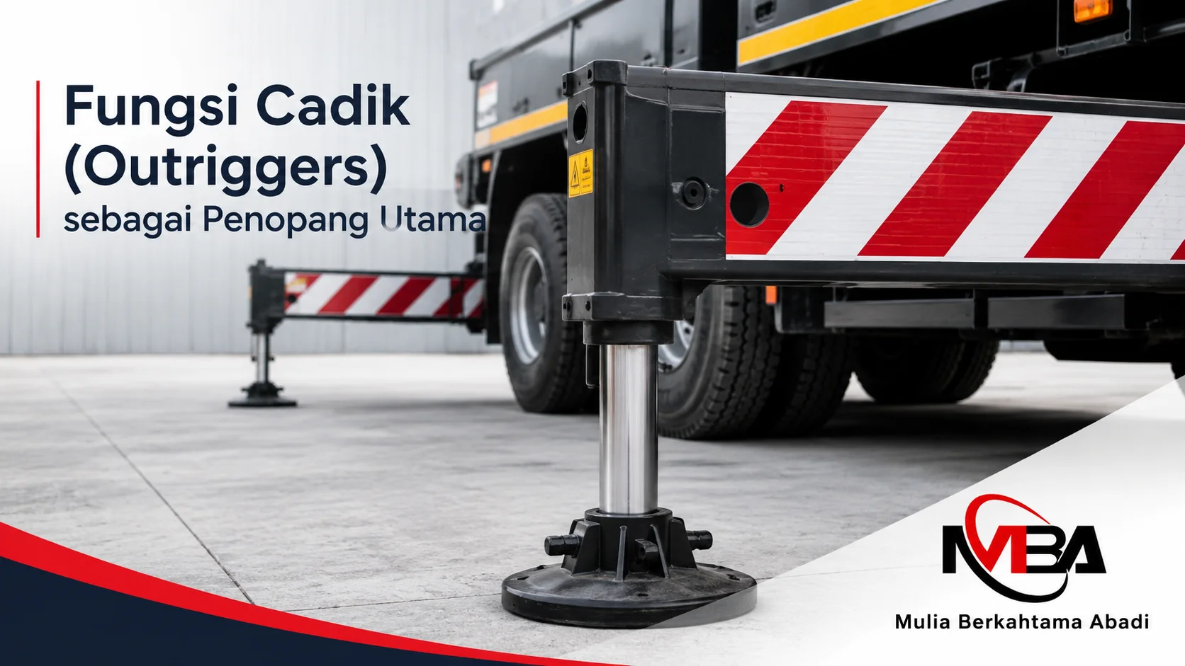 Cadik (outriggers) pada mobile crane sebagai penopang utama untuk menjaga kestabilan alat berat saat proses pengangkatan beban, dengan branding Mulia Berkahtama Abadi.