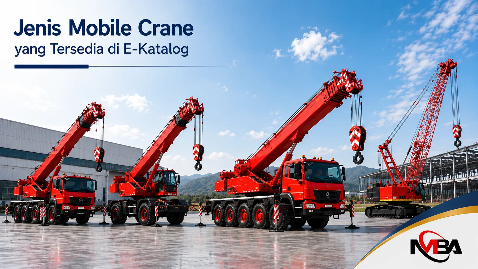 Berbagai jenis mobile crane berwarna merah yang tersedia di E-Katalog untuk mendukung kebutuhan proyek konstruksi dan pengadaan alat berat