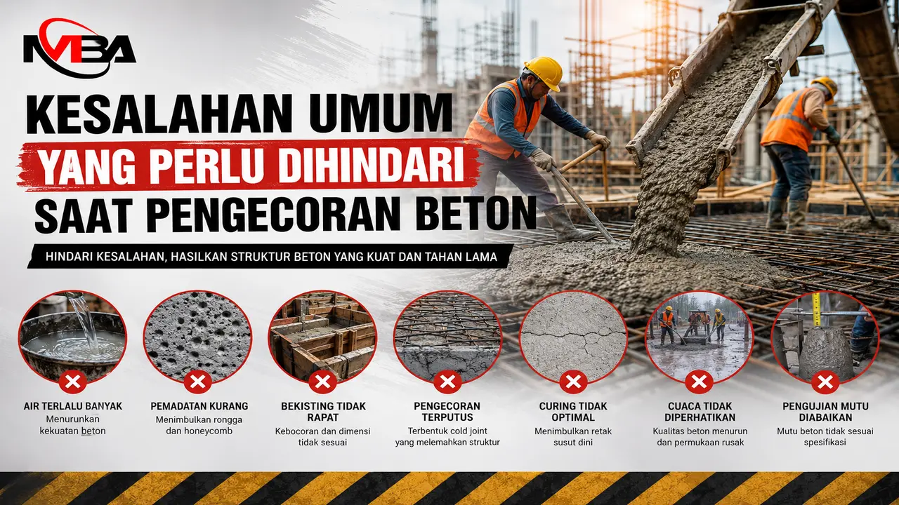 Pekerja melakukan pengecoran beton menggunakan alat konstruksi untuk menghindari kesalahan umum saat pengecoran beton.