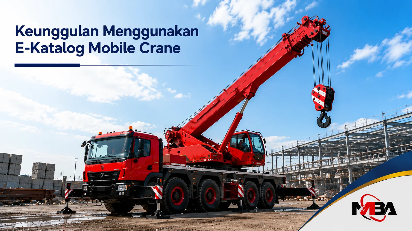 Mobile crane merah di lokasi proyek konstruksi sebagai ilustrasi keunggulan menggunakan E-Katalog Mobile Crane untuk pengadaan alat berat.