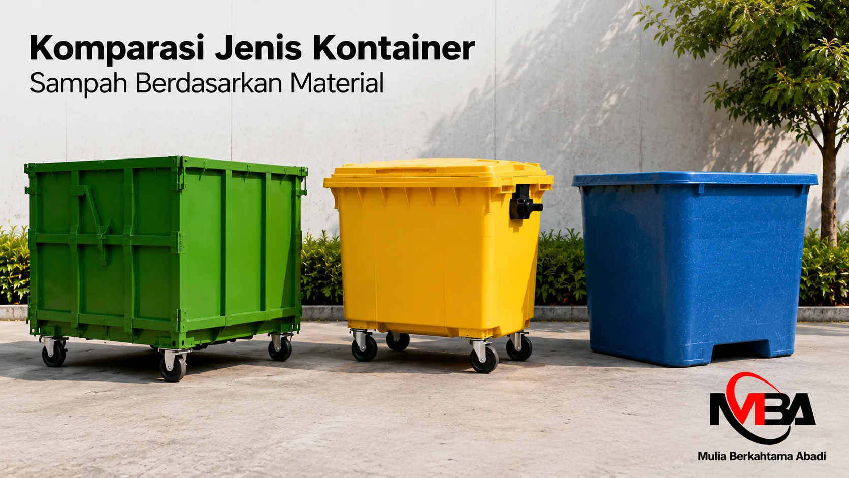 Komparasi kontainer sampah berbahan besi, HDPE, dan fiberglass dengan tampilan material yang berbeda untuk berbagai kebutuhan pengelolaan limbah.