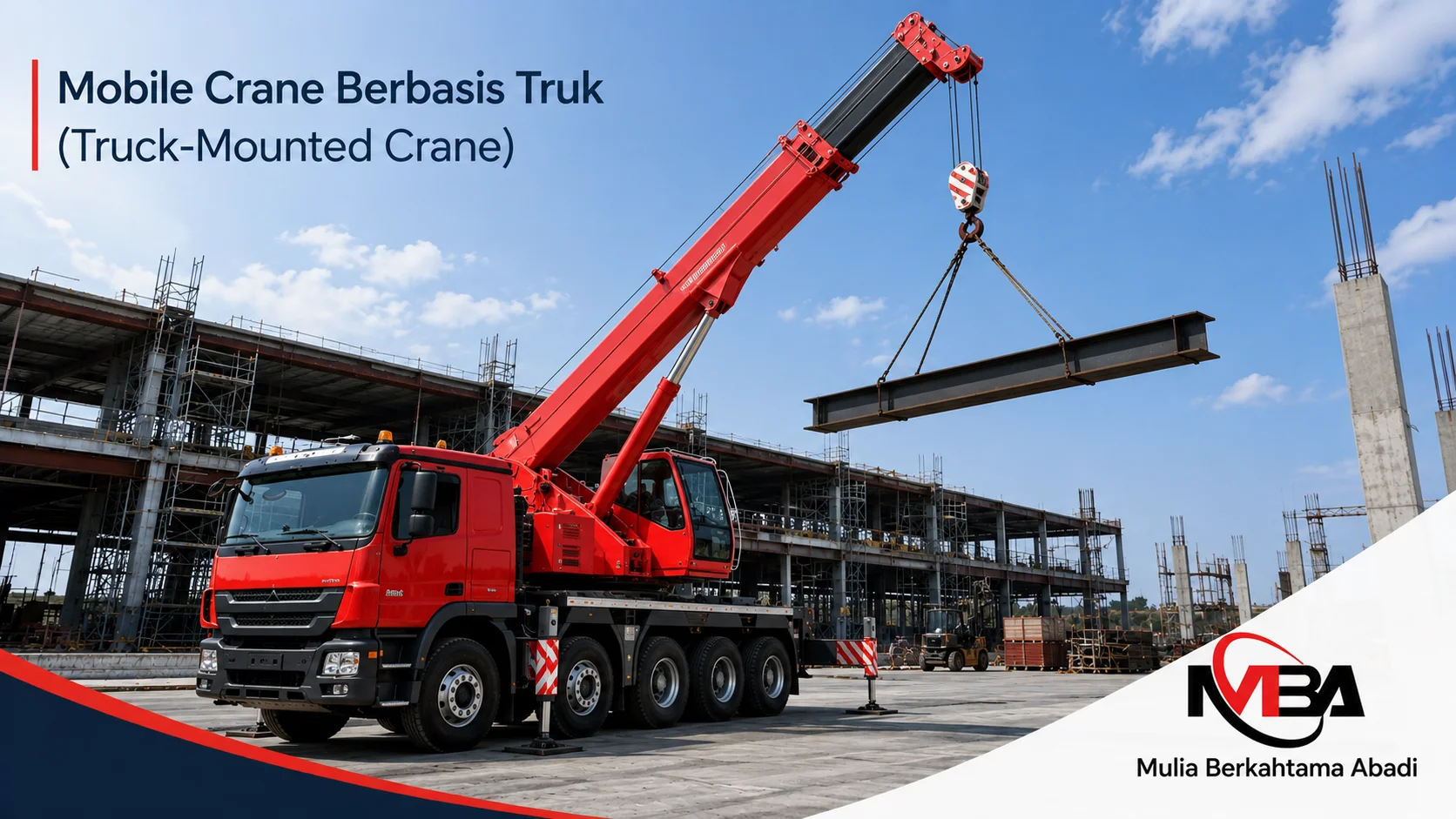 Mobile crane berbasis truk (truck-mounted crane) mengangkat balok baja di area konstruksi.