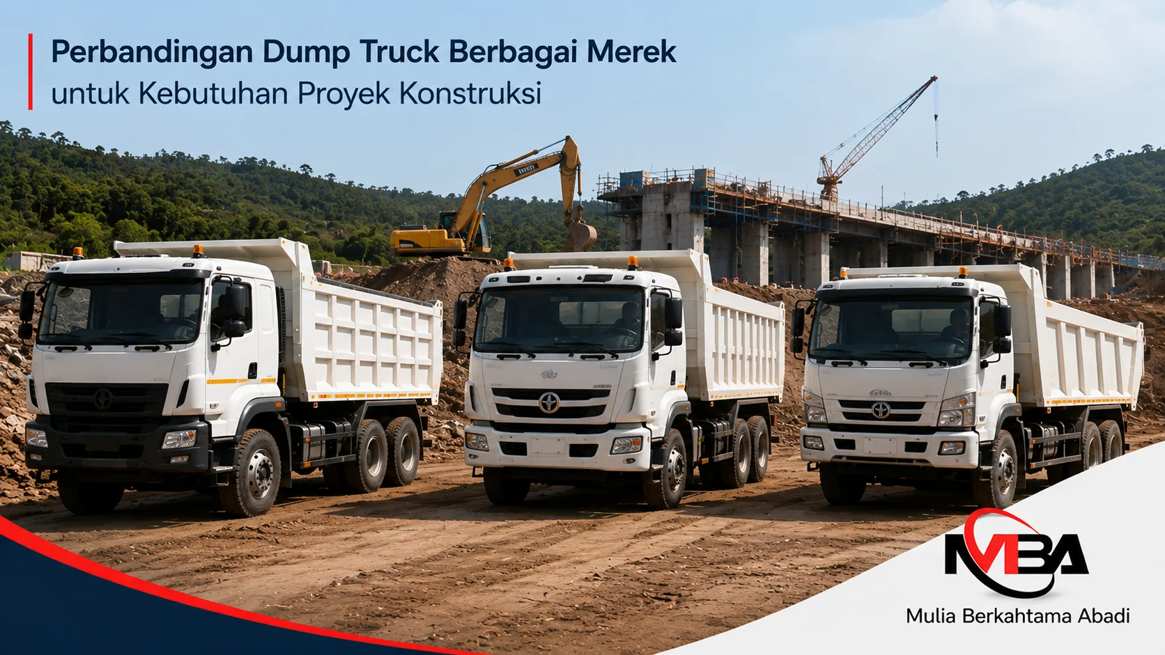 Perbandingan dump truck berbagai merek dengan desain kabin dan bak yang berbeda di area proyek konstruksi.