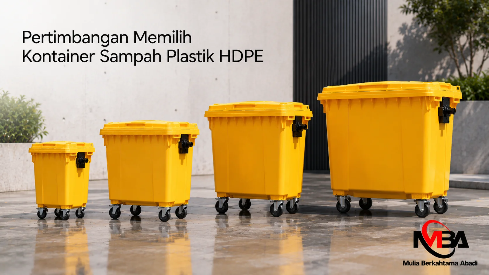 Kontainer sampah plastik HDPE dalam beberapa ukuran sebagai ilustrasi pertimbangan memilih kapasitas dan spesifikasi sesuai kebutuhan pengelolaan sampah.