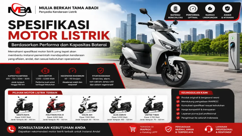 Spesifikasi motor listrik berdasarkan performa dan kapasitas baterai untuk pengadaan instansi pemerintah melalui INAPROC dari Mulia Berkah Tama Abadi.