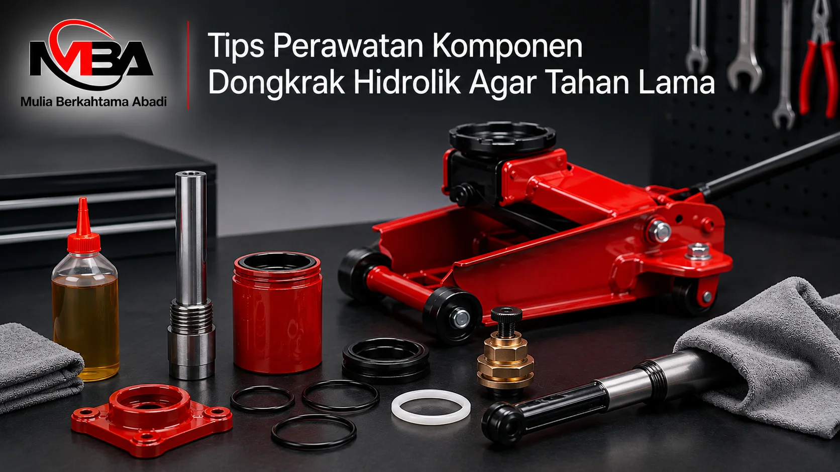 Proses perawatan komponen dongkrak hidrolik untuk menjaga performa dan memperpanjang usia pakai alat dari Mulia Berkahtama Abadi.