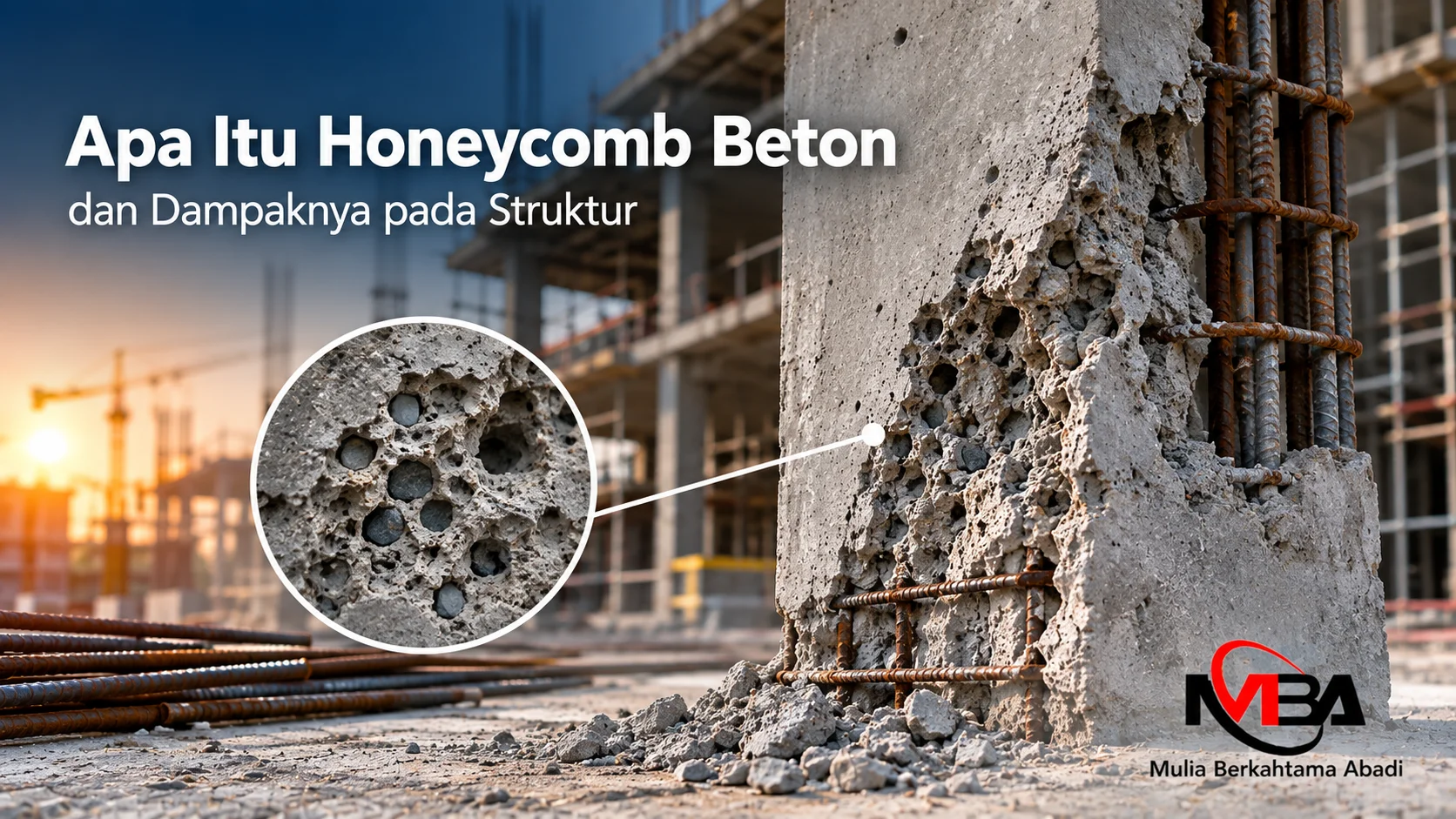 Honeycomb beton pada struktur kolom sebagai ilustrasi dampak cacat beton terhadap kekuatan dan kualitas konstruksi.