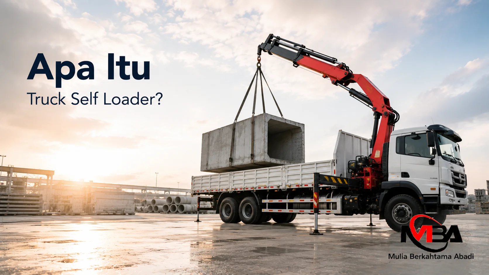 Truck self loader dengan crane hidrolik digunakan untuk mengangkat dan mengangkut material berat.
