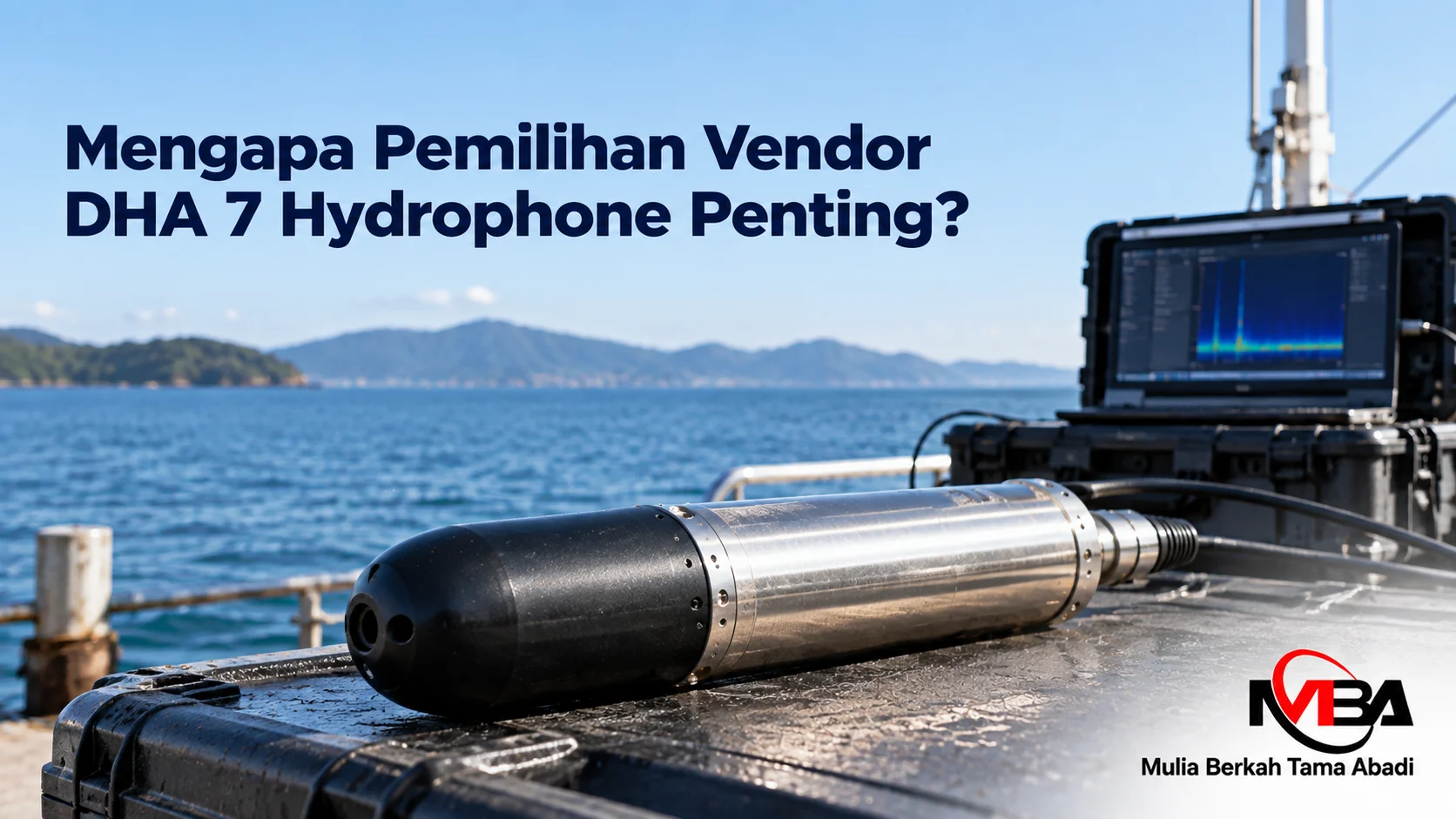 DHA 7 Hydrophone pada lingkungan survei kelautan dengan perangkat pendukung untuk menunjukkan pentingnya pemilihan vendor yang tepat.