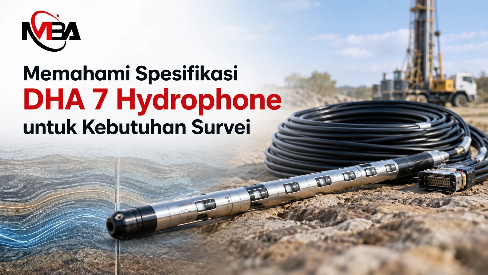 Spesifikasi DHA 7 Hydrophone e-katalog untuk kebutuhan survei seismik downhole, menampilkan hydrophone array dan kabel sensor.