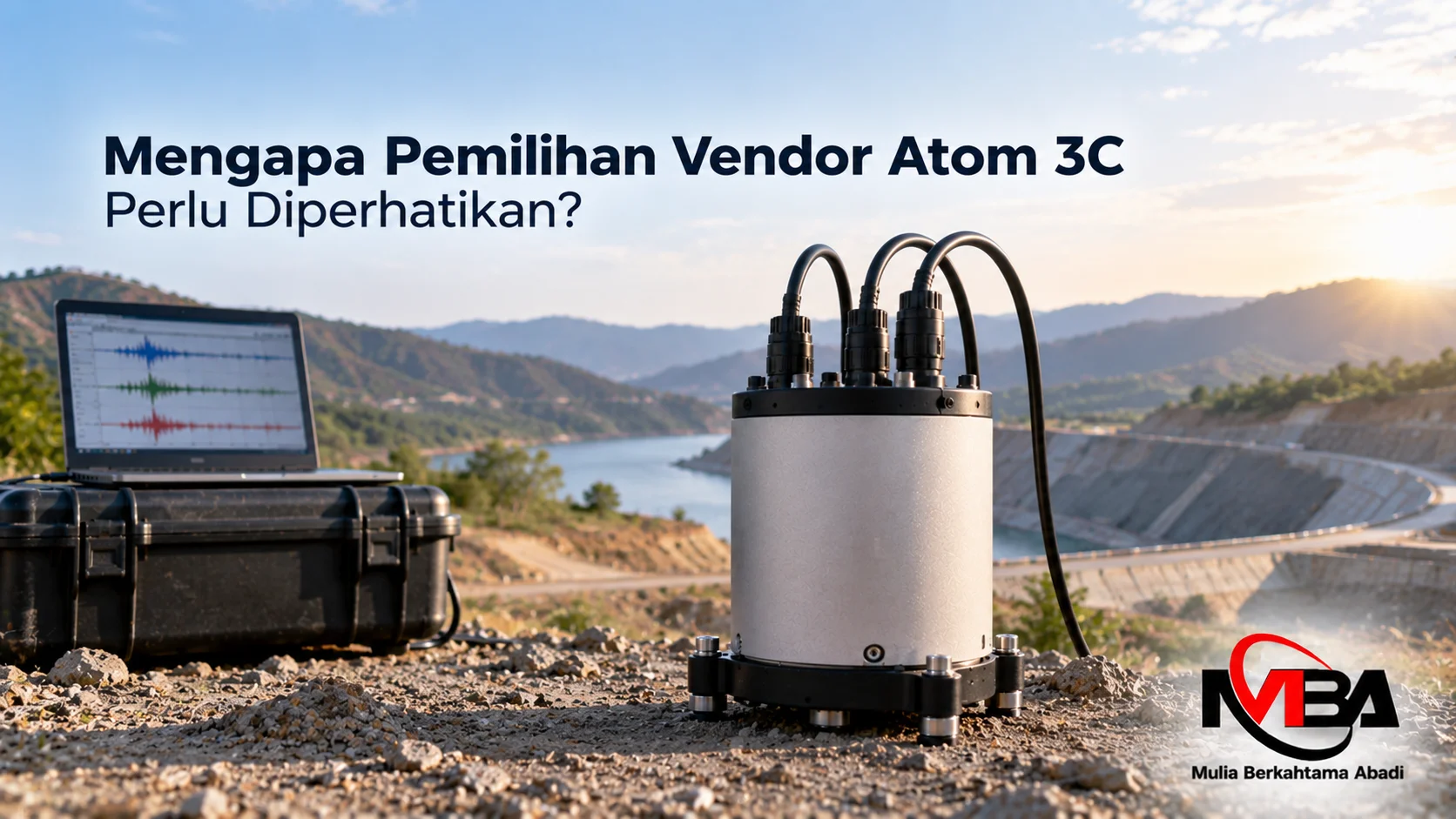 Seismograf ATOM 3C untuk survei geoteknik dengan latar bendungan dan pegunungan.