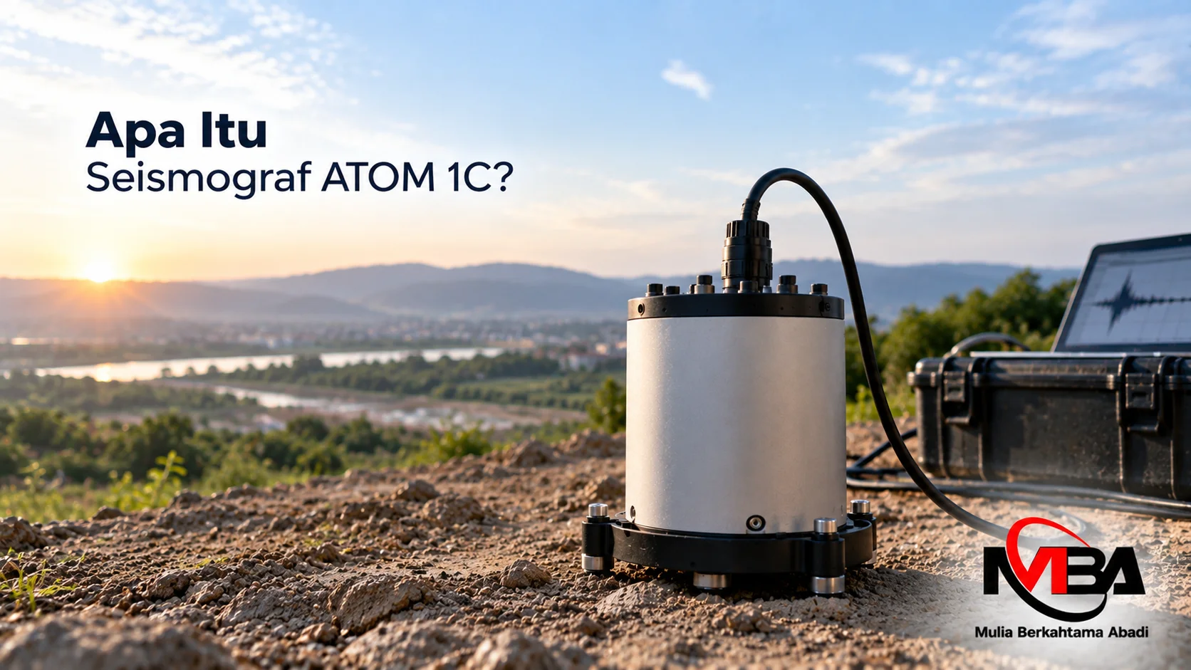 Seismograf ATOM 1C untuk pengukuran getaran tanah dalam survei geoteknik.